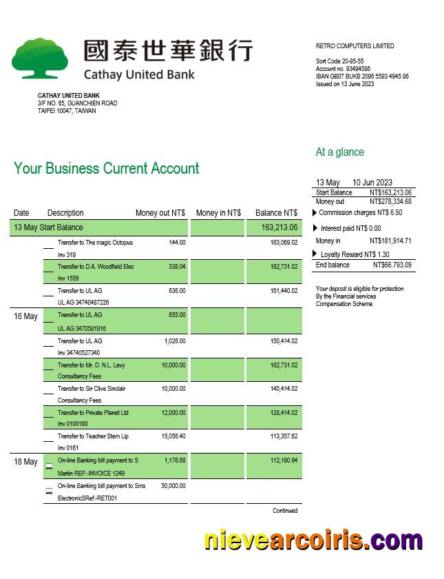 Cathay United Bank enterprise account statement